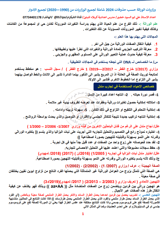 ملزمة وزاريات الوراثة علي ابو السود 2024 السادس الاعدادي العلمي PDF