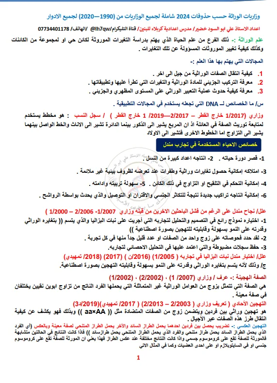 ملزمة وزاريات الوراثة علي ابو السود 2024 السادس الاعدادي العلمي PDF