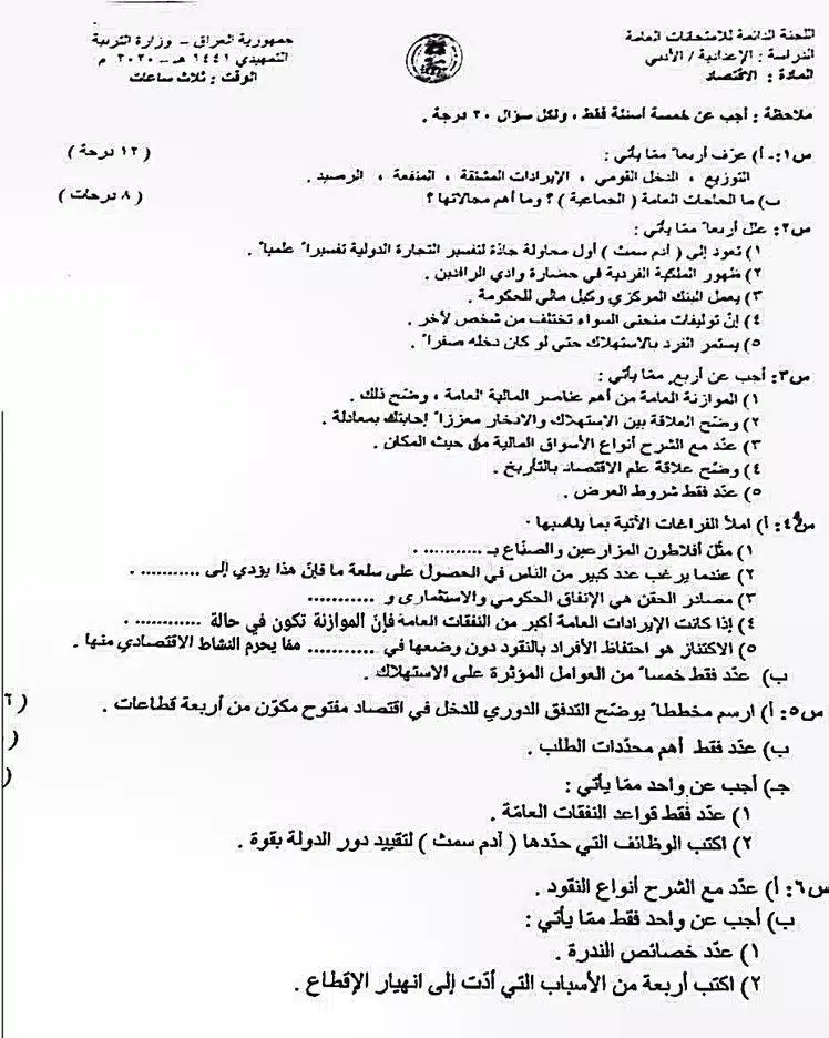اسئلة الاقتصاد التمهيدي السادس الادبي 2020