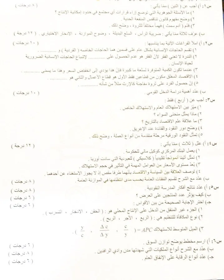 اسئلة الاقتصاد الدور الثاني السادس الادبي 2022
