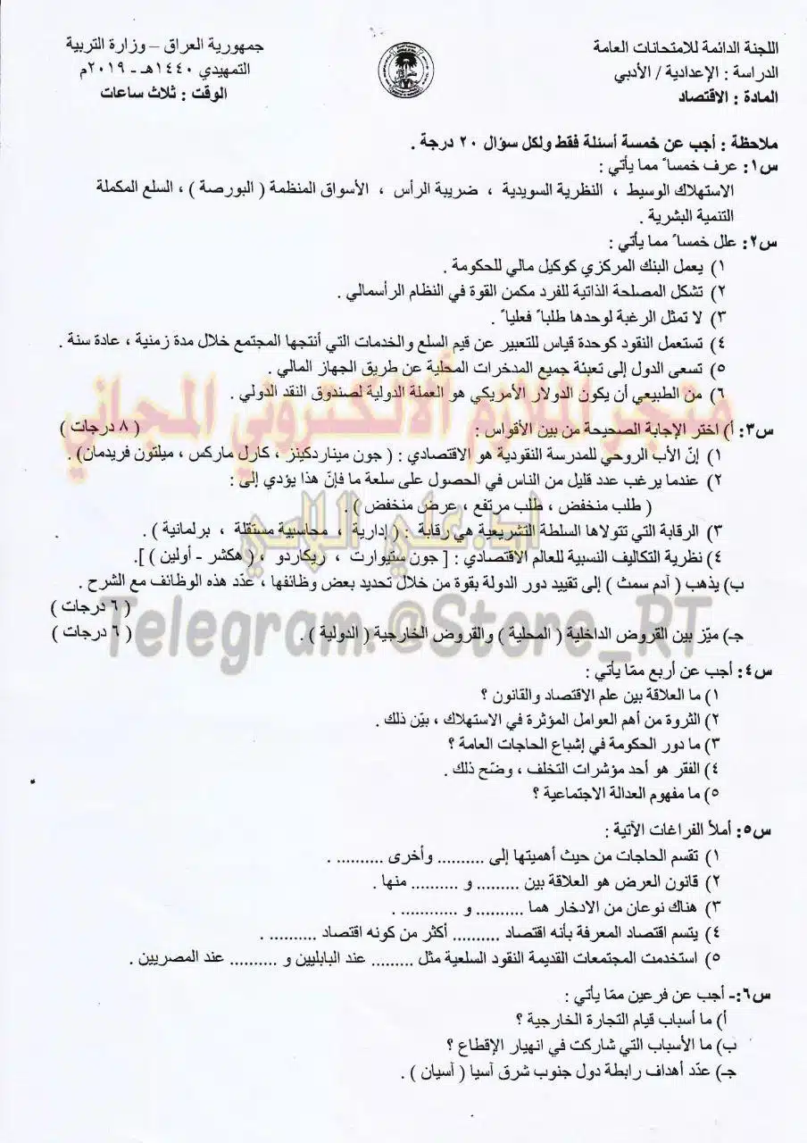 اسئلة الاقتصاد التمهيدي السادس الادبي 2019