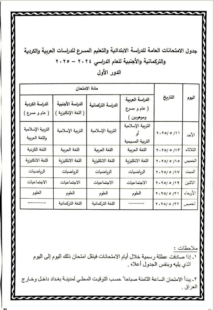 جدول الامتحانات الوزارية لمرحلة السادس الابتدائي للعام الدراسة 2024-2025 الدور الاول