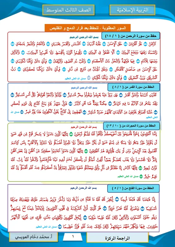 ملزمة مراجعة مركزة اسلامية محمد دحام العويسي الثالث المتوسط 2026 PDF