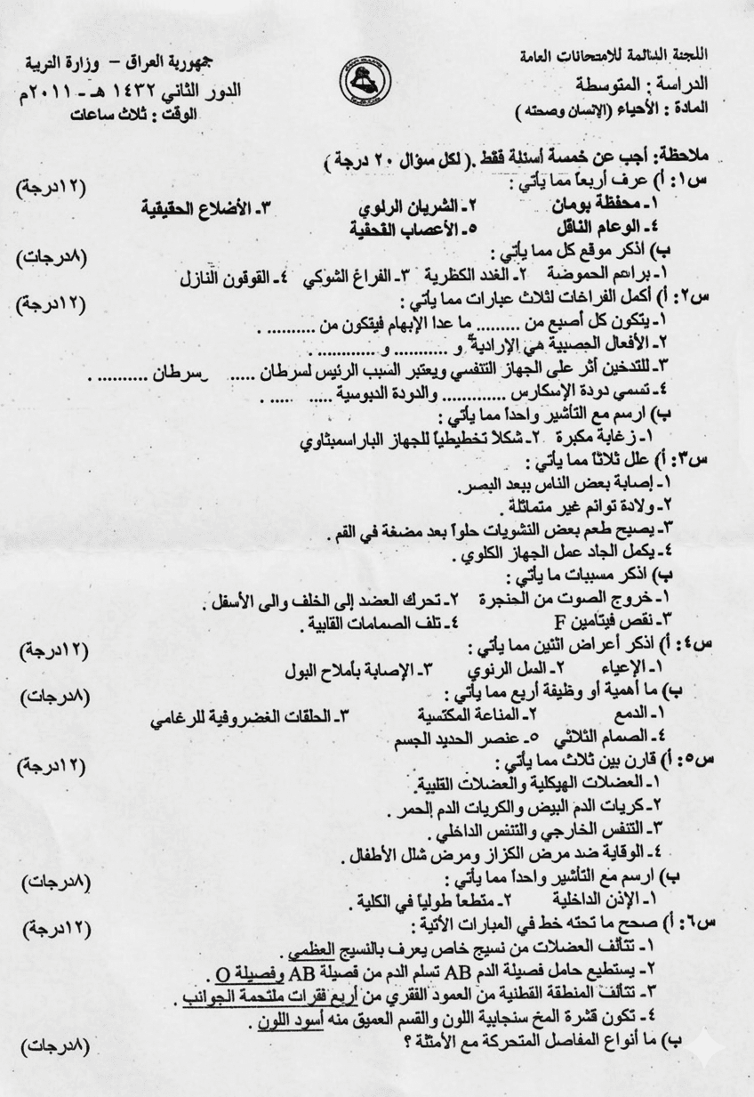 اسئلة الاحياء الدور الثاني الثالث المتوسط 2011