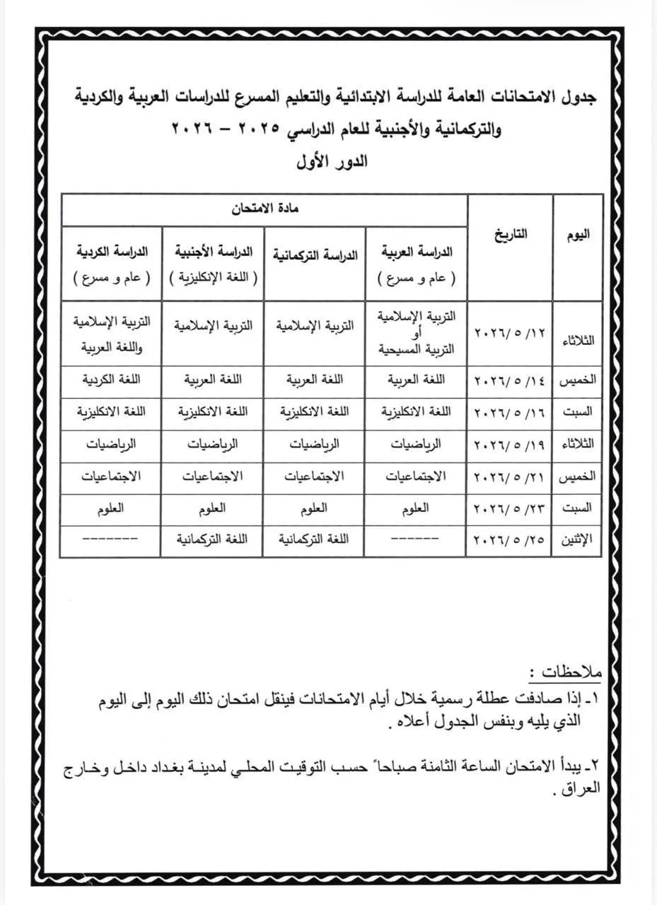 جدول الامتحانات الوزارية للصف السادس الابتدائي للعام الدراسي 2025-2026 الدور الاول