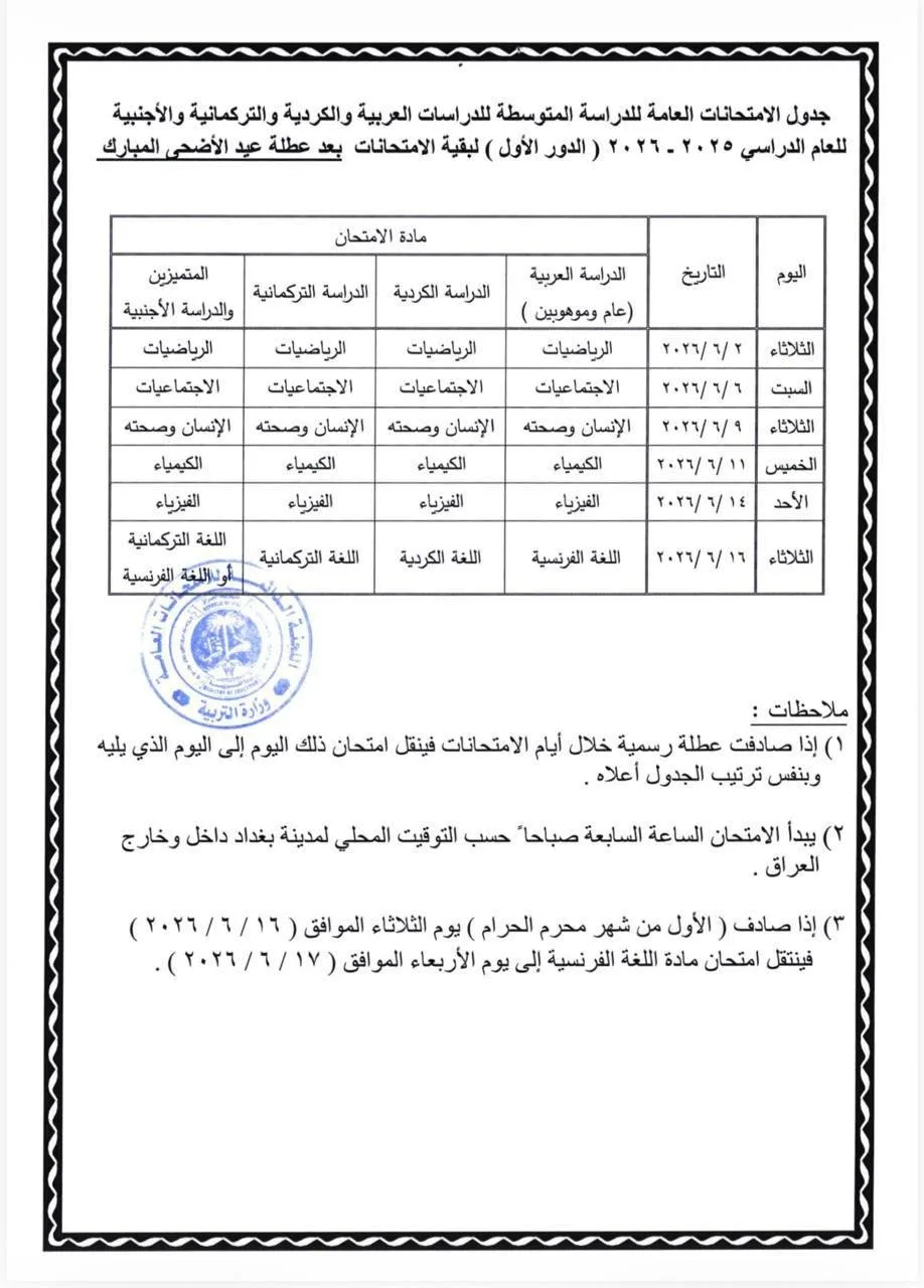 موعد الامتحانات الوزارية للصف الثالث المتوسط الدور الاول 2026