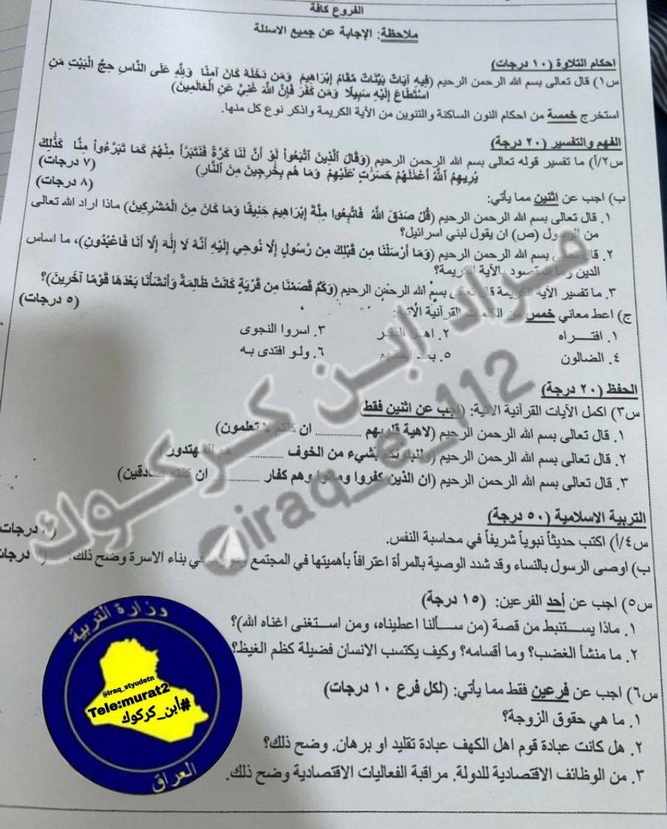اسئلة الاسلامية الدور الثاني السادس الاعدادي 2022 المهني
