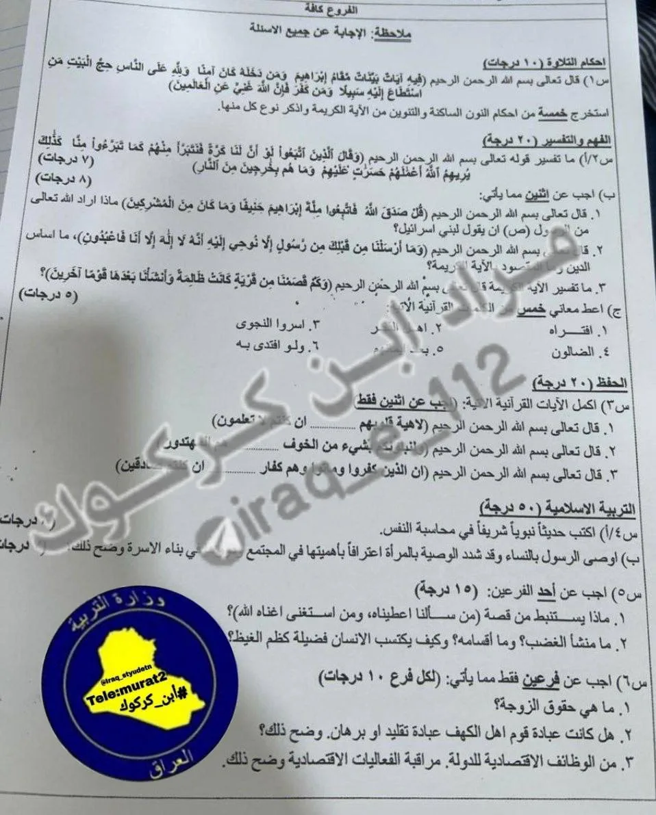 اسئلة الاسلامية الدور الثاني السادس الاعدادي 2022 المهني