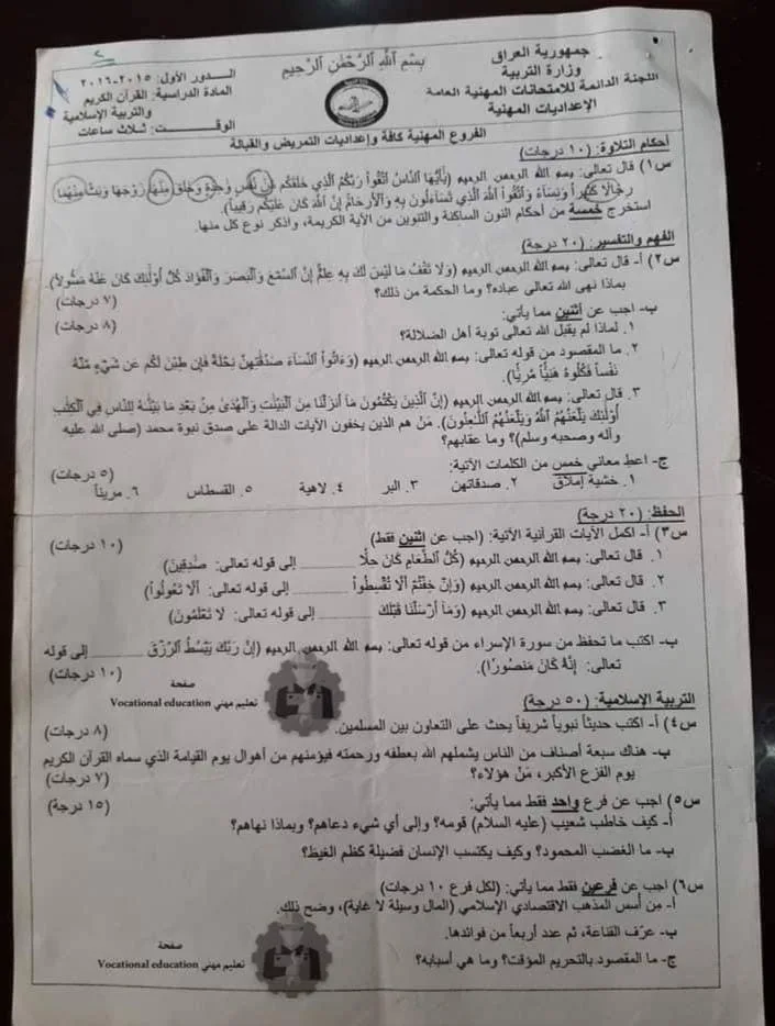 اسئلة الاسلامية الدور الاول السادس الاعدادي 2016 المهني