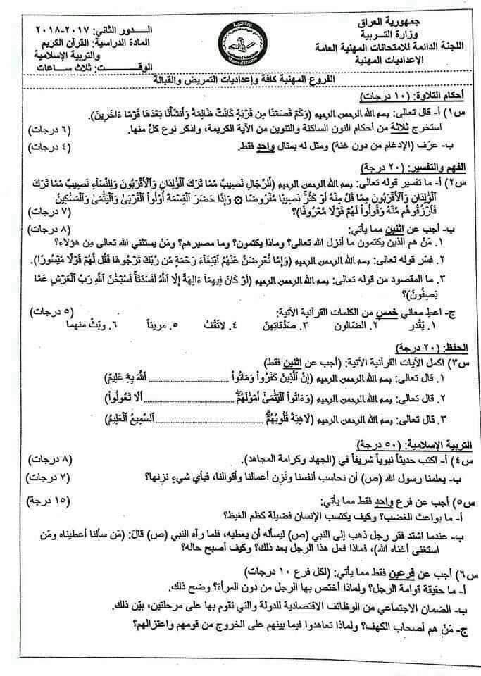 اسئلة الاسلامية الدور الثاني السادس الاعدادي 2018 المهني