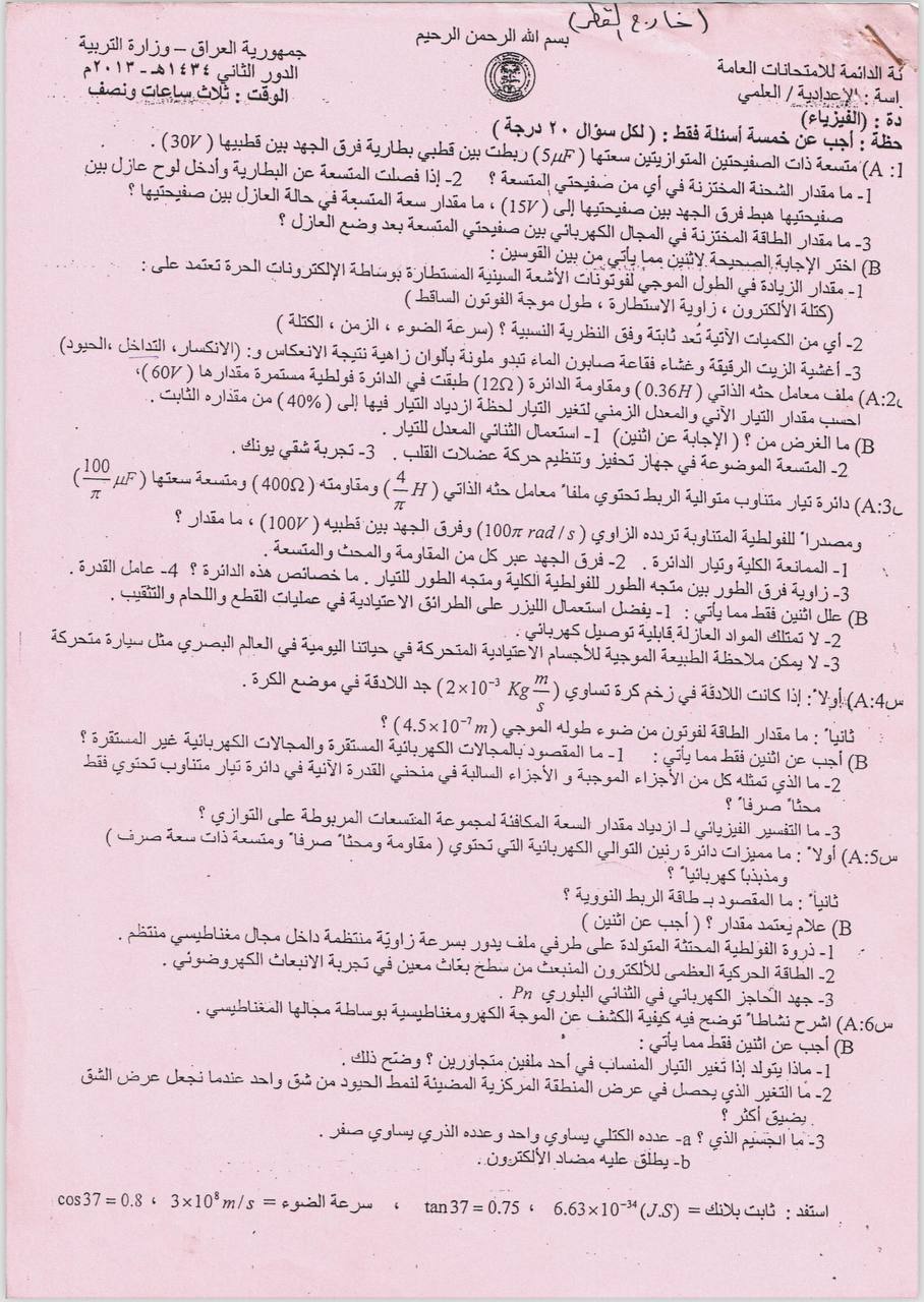 اسئلة الفيزياء الدور الثاني السادس العلمي 2013 خارج القطر