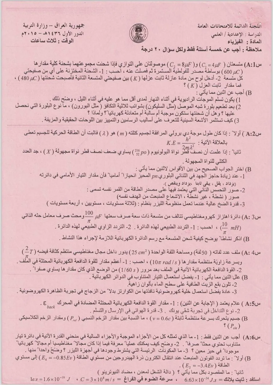 اسئلة الفيزياء الدور الاول السادس العلمي 2015