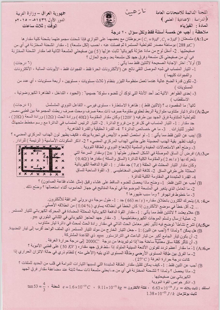 اسئلة الفيزياء الدور الاول السادس العلمي 2015 النازحين
