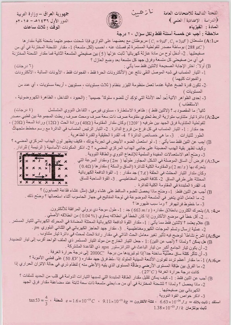 اسئلة الفيزياء الدور الاول السادس العلمي 2015 النازحين