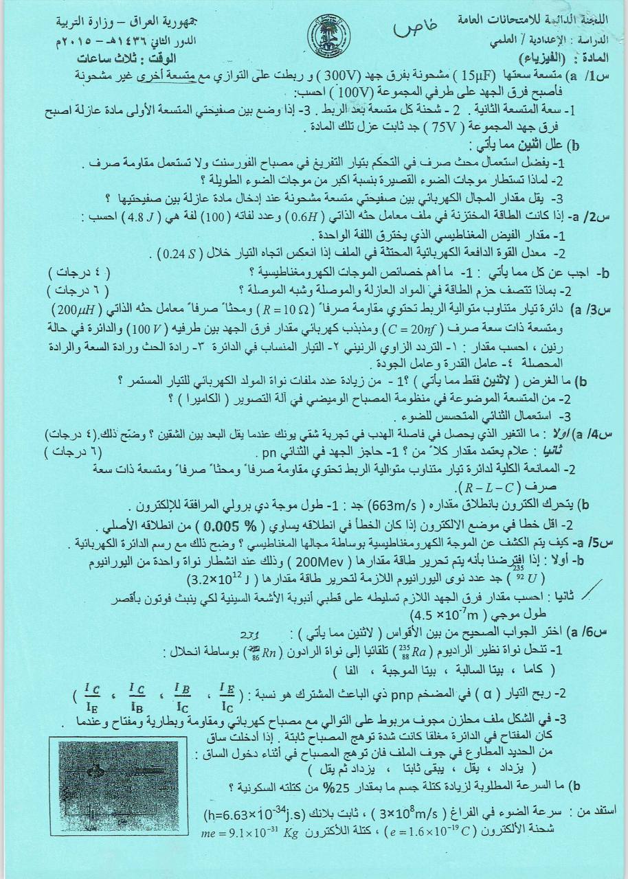 اسئلة الفيزياء الدور الثاني السادس العلمي 2015 النازحين
