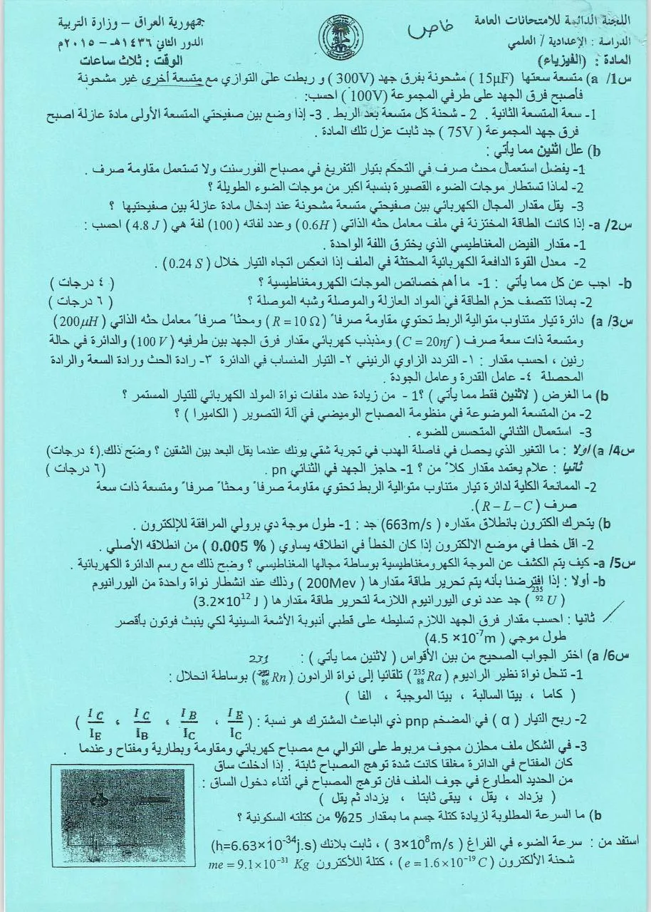 اسئلة الفيزياء الدور الثاني السادس العلمي 2015 النازحين