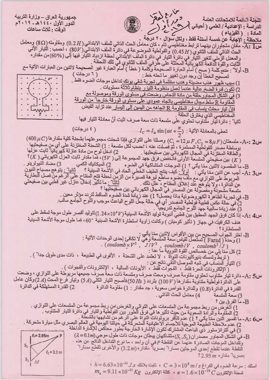 اسئلة الفيزياء الدور الاول السادس العلمي 2019 الاحيائي خارج القطر