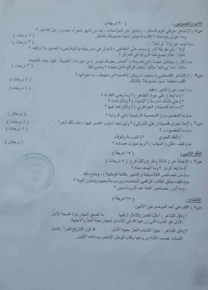 اسئلة العربي الدور الثالث السادس الادبي 2024 المحاولات